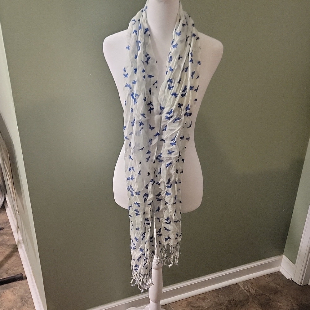 New York & Company White Scarf with Blue Butterfly Design